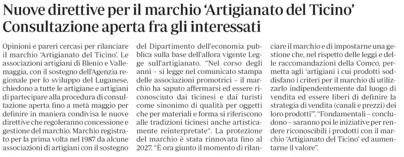 Nuove direttive per il marchio "Artigianato del Ticino"